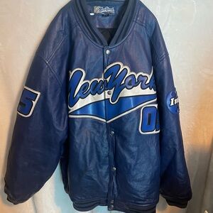 Impac Men's New York Baseball Collection Leather Jacket Blue and White